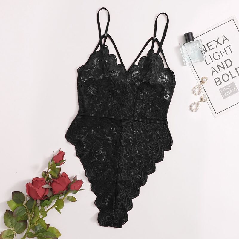 

Scalloped Trim Harness Lace Teddy Bodysuit, Black