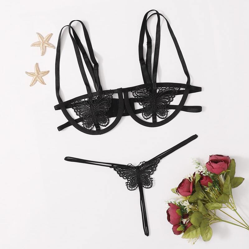

Crochet Butterfly G String Lingerie Set, Black