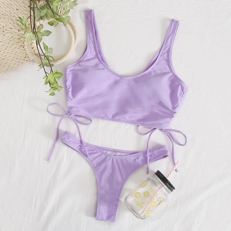 

Drawstring Tie Side High Cut Bikini Swimsuit, Lilac purple