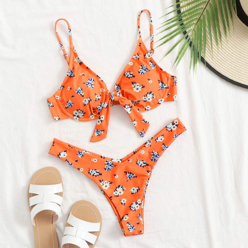 

Floral Underwire High Cut Bikini Swimsuit, Orange bright