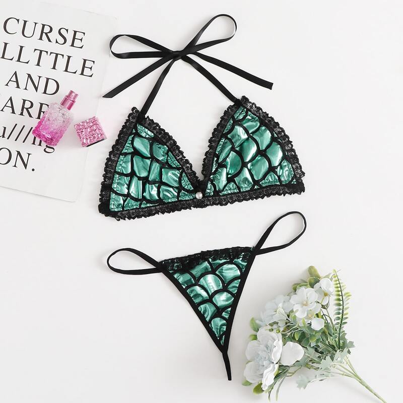 

Fish Scale Lace Trim Lingerie Set, Green