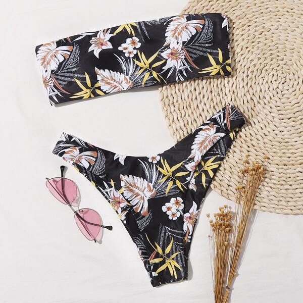 

Plant Print Bandeau High Cut Bikini Swimsuit, Multicolor