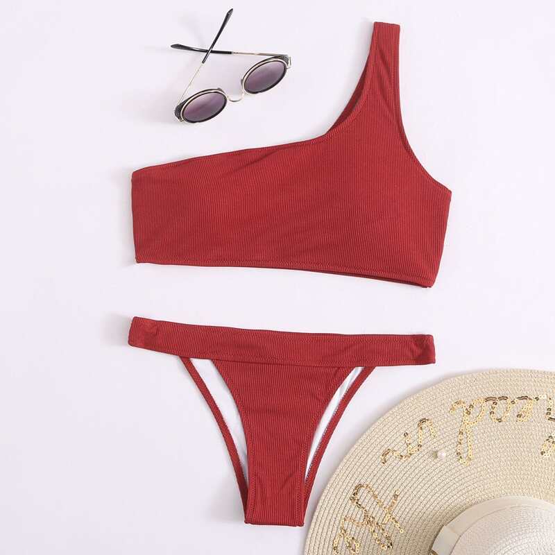 

Rib One Shoulder Thong Bikini Swimsuit, Rose red