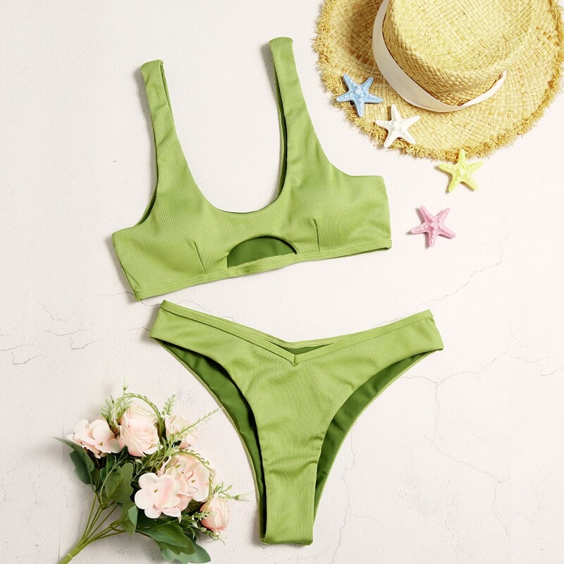 

Rib Cut-out High Leg Bikini Swimsuit, Lime green