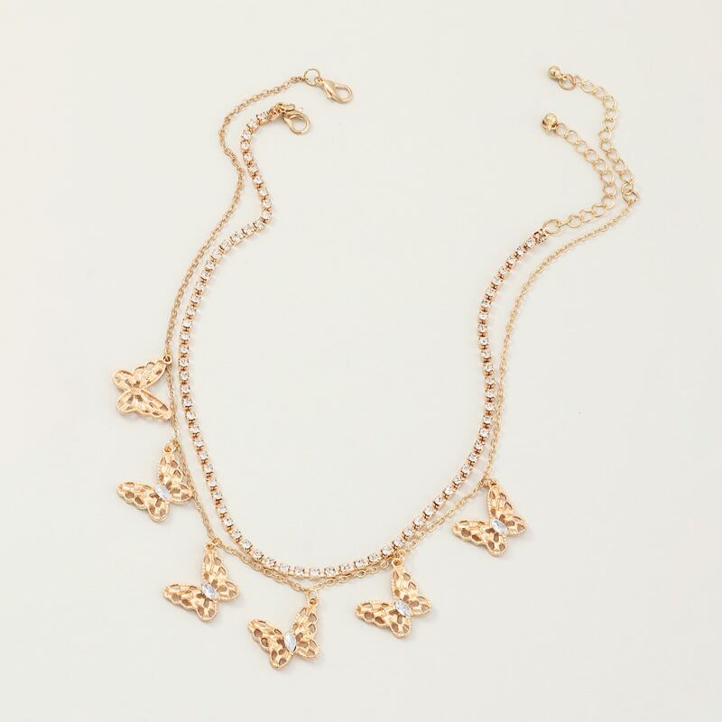 

2pcs Rhinestone Decor Butterfly Necklace, Gold