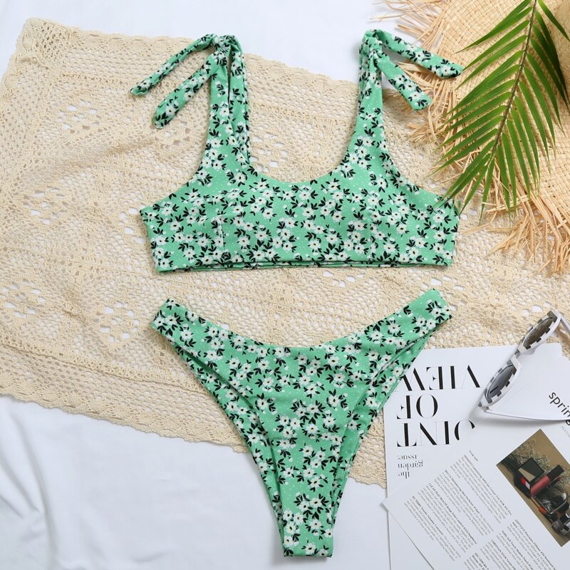 

Ditsy Floral Tie Shoulder Bikini Swimsuit, Green