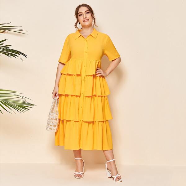 

Plus Layered Ruffle Trim Shirt Dress, Yellow bright
