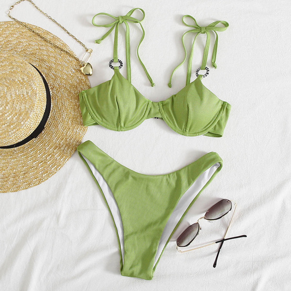 

Rib Self Tie Underwire Bikini Swimsuit, Olive green