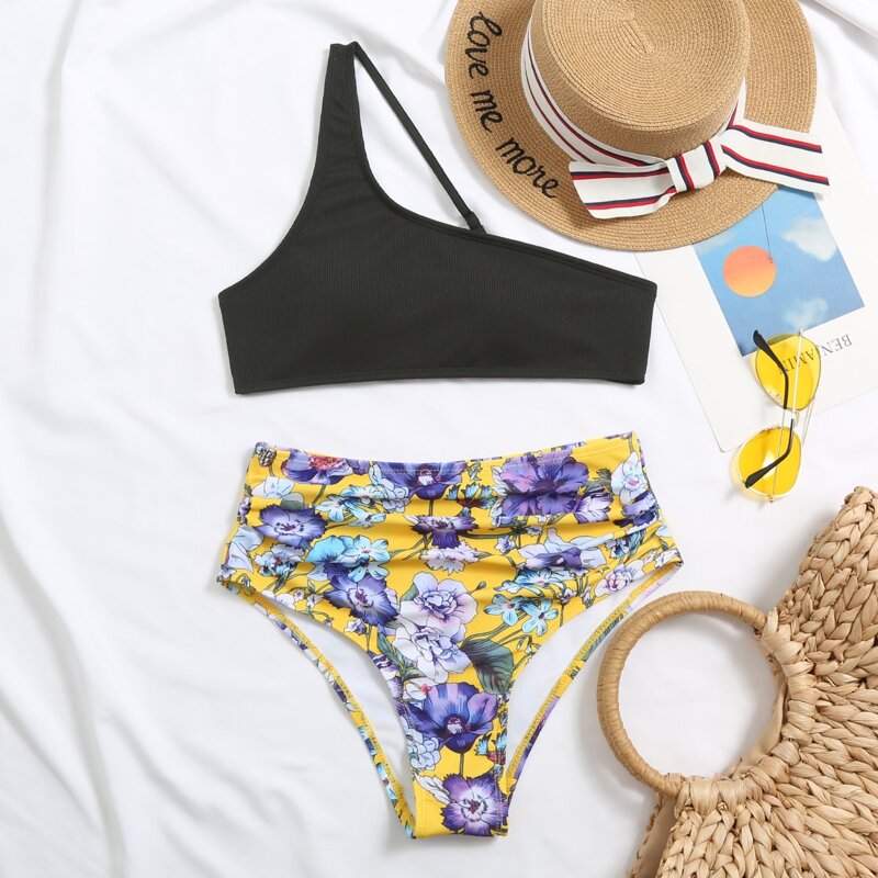 

Floral Ruched One Shoulder Bikini Swimsuit, Multicolor