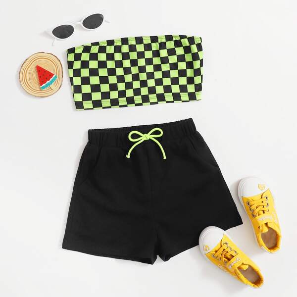 

Girls Checkered Tube Top and Tie Waist Track Shorts Set, Multicolor