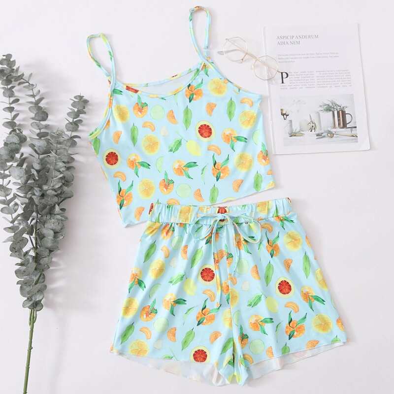 

Lemon Print Cami & Shorts PJ Set, Mint blue