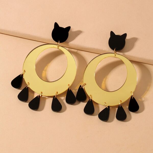 

Cat Head Decor Tassel Drop Earrings, Black