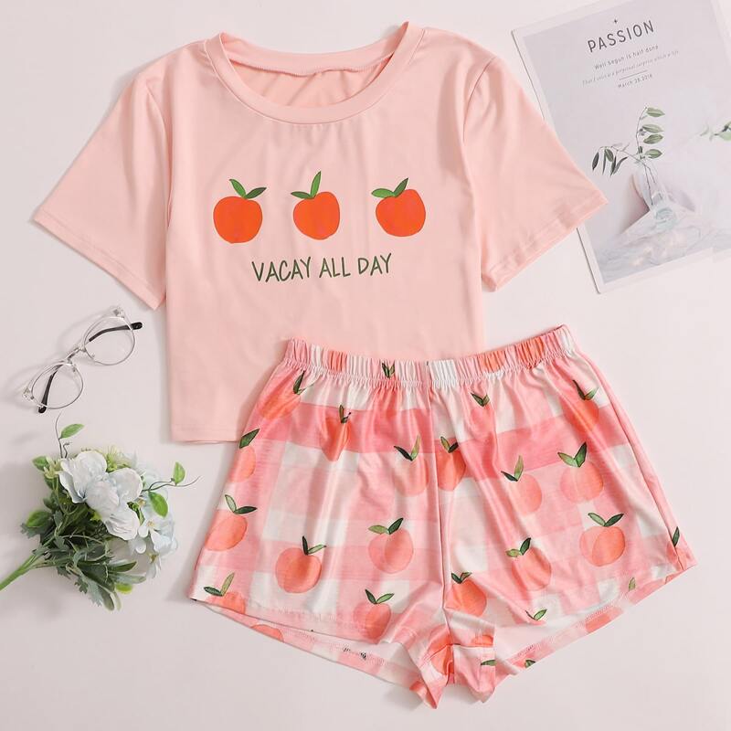 

Peach Print Shorts PJ Set, Coral orange