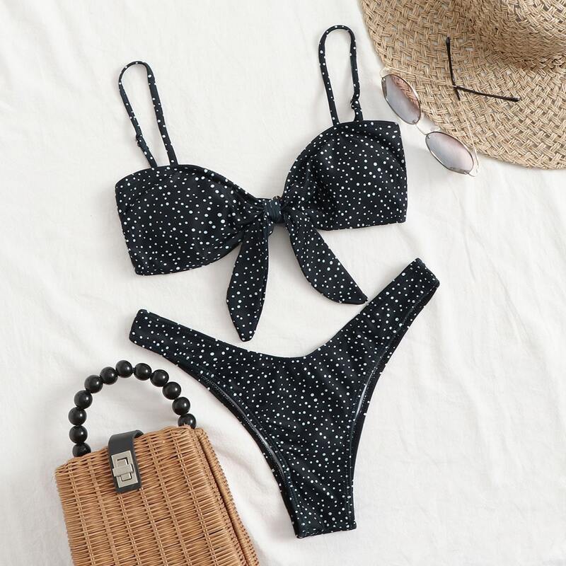 

Polka Dot Knot Front High Cut Bikini Swimsuit, Black