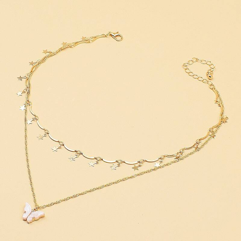 

Butterfly Charm Layered Necklace, Pink