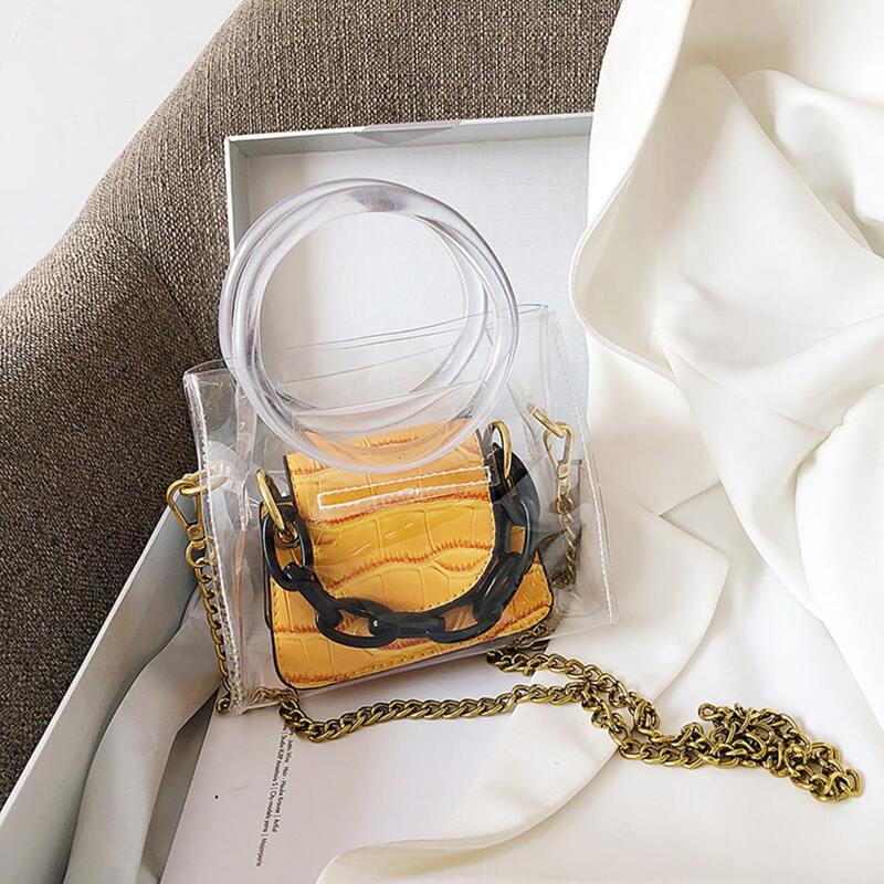

Clear Satchel Bag With Croc Embossed Pouch, Yellow