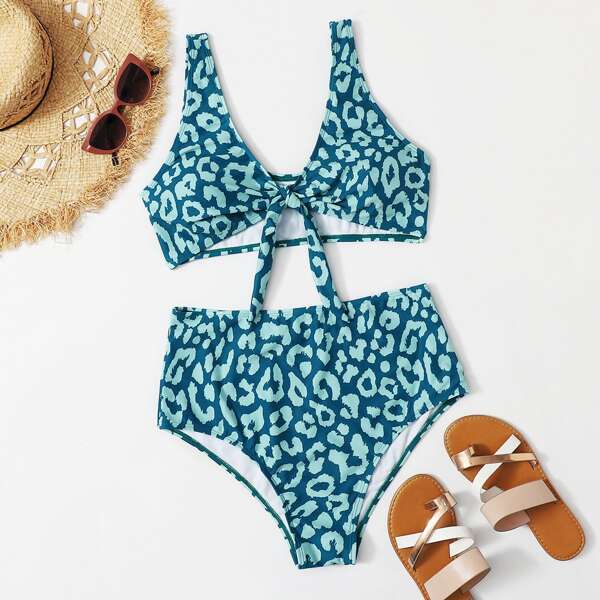 

Plus Leopard Knot Front Bikini Swimsuit, Teal blue