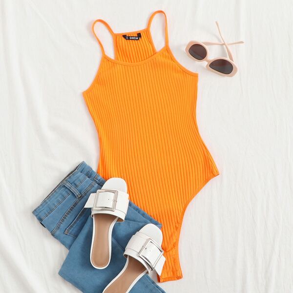

Rib-knit Slip Bodysuit, Orange bright