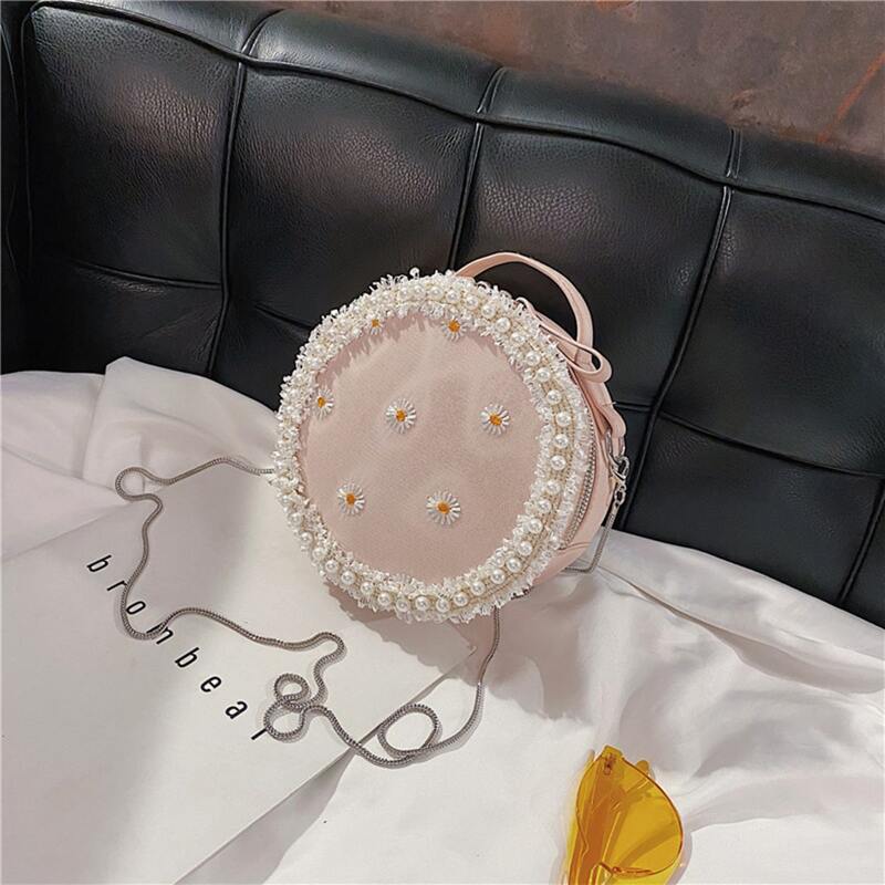 

Faux Pearl Daisy Round Bag, Pink