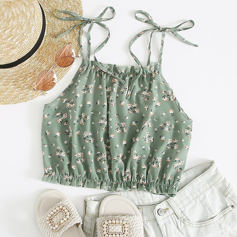 

Ditsy Floral Frill Trim Crop Cami, Green