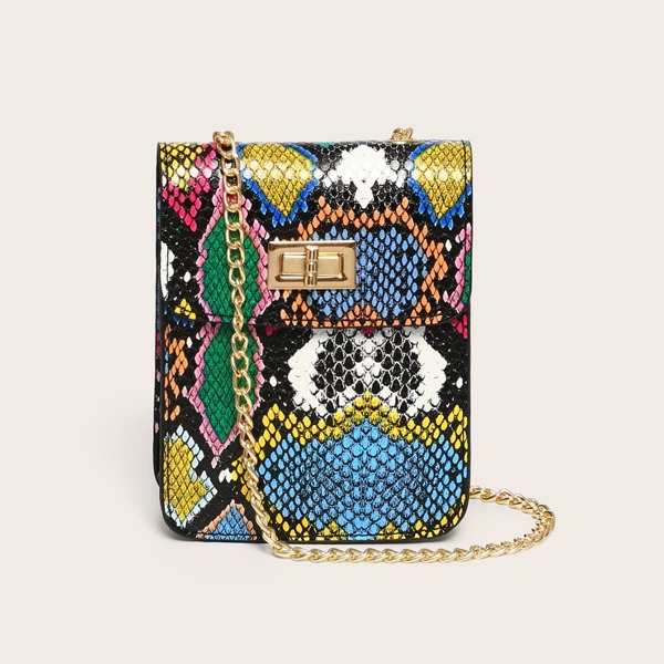 

Mini Snakeskin Print Chain Bag, Multicolor