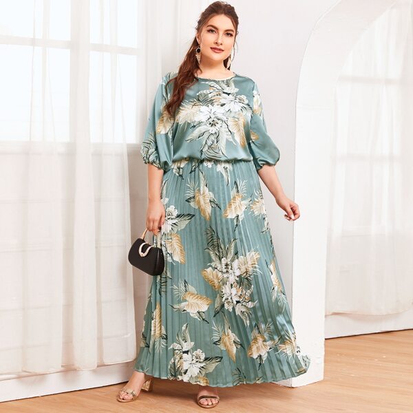 

Plus Satin Tropical Leaf Top & Maxi Skirt Set, Mint green