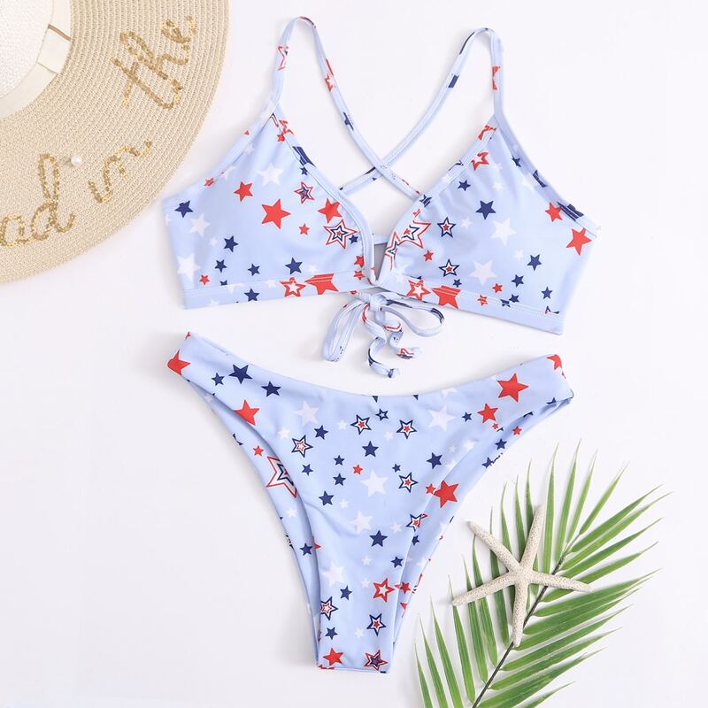 

Star Print V Wired Tie Back Bikini Swimsuit, Baby blue