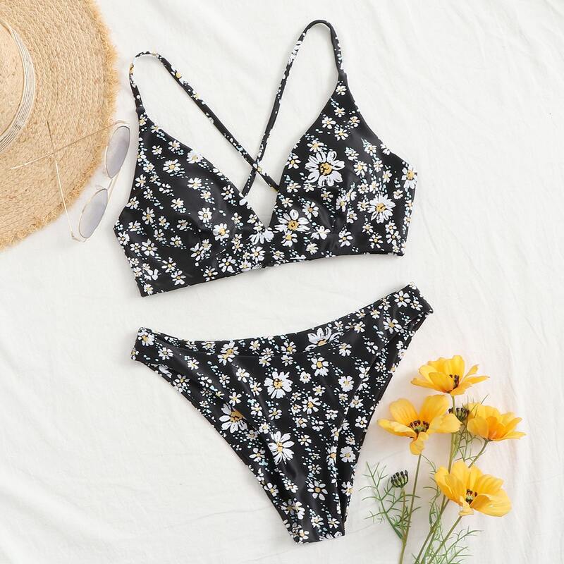 

Ditsy Floral Criss Cross Bikini Swimsuit, Black