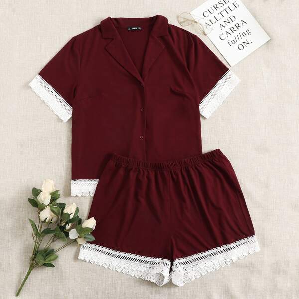

Plus Notched Collar Lace Trim Blouse & Shorts PJ Set, Maroon