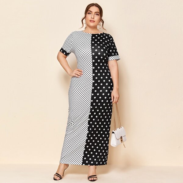 

Plus Two Tone Split Hem Spliced Polka Dot Dress, Black and white