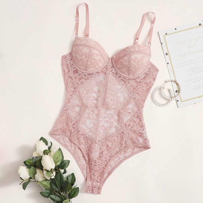 

Floral Lace Underwire Teddy Bodysuit, Pastel dusty pink