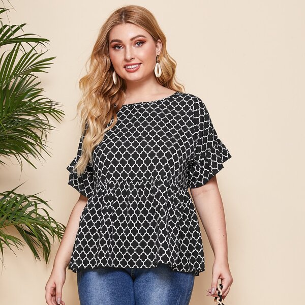 

Plus Allover Print Babydoll Blouse, Black