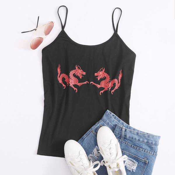 

Plus Dragon Print Cami Top, Black
