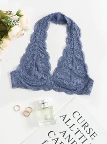 Plunge Floral Lace Halter Bralet - Dusty Blue - View 1