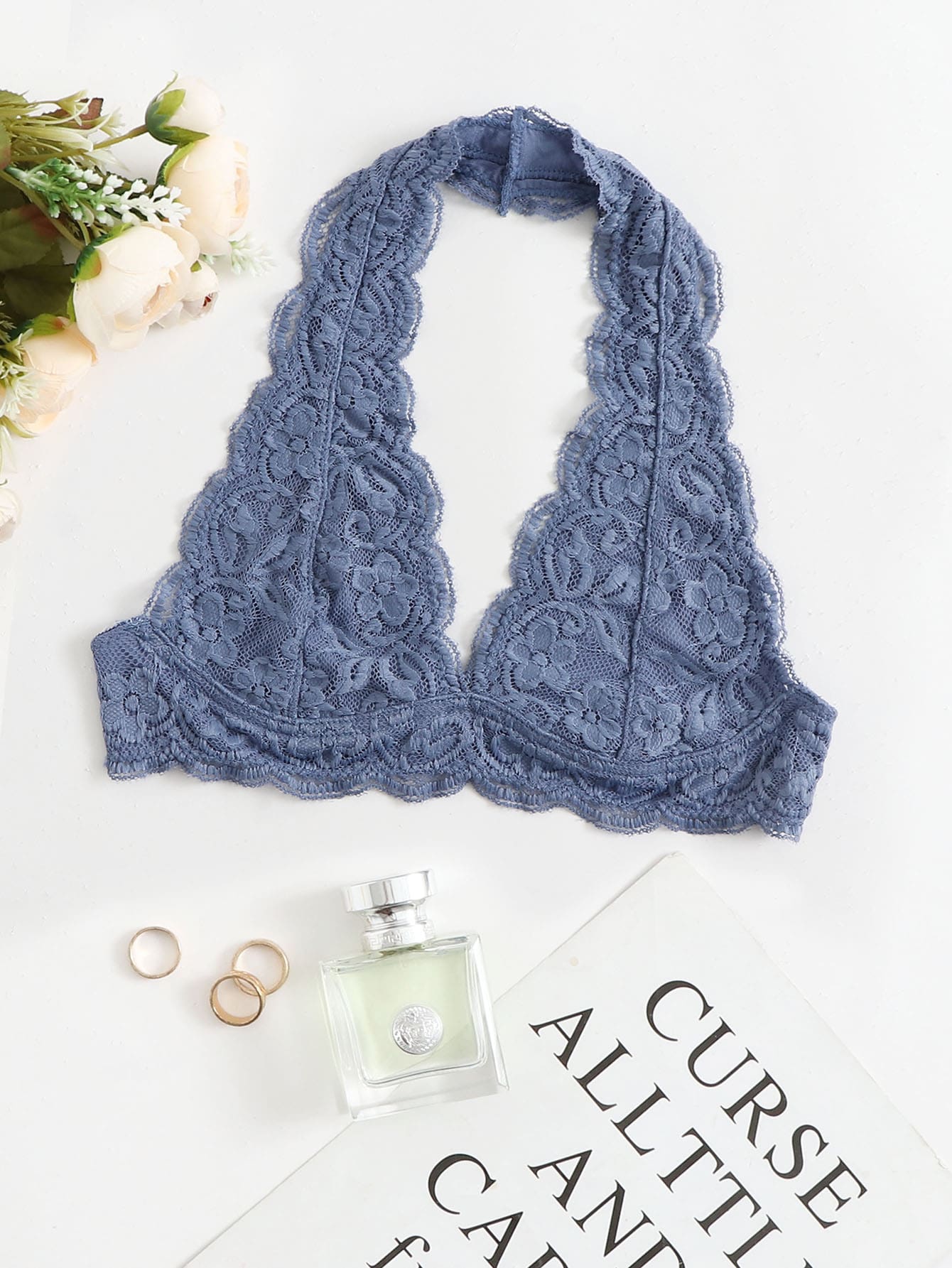 Plunge Floral Lace Halter Bralet - Dusty Blue - View 1