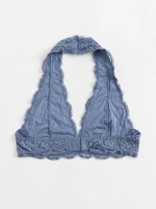 Plunge Floral Lace Halter Bralet - Dusty Blue - View 2