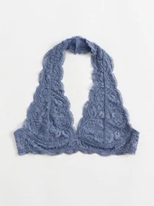 Plunge Floral Lace Halter Bralet - Dusty Blue - View 3