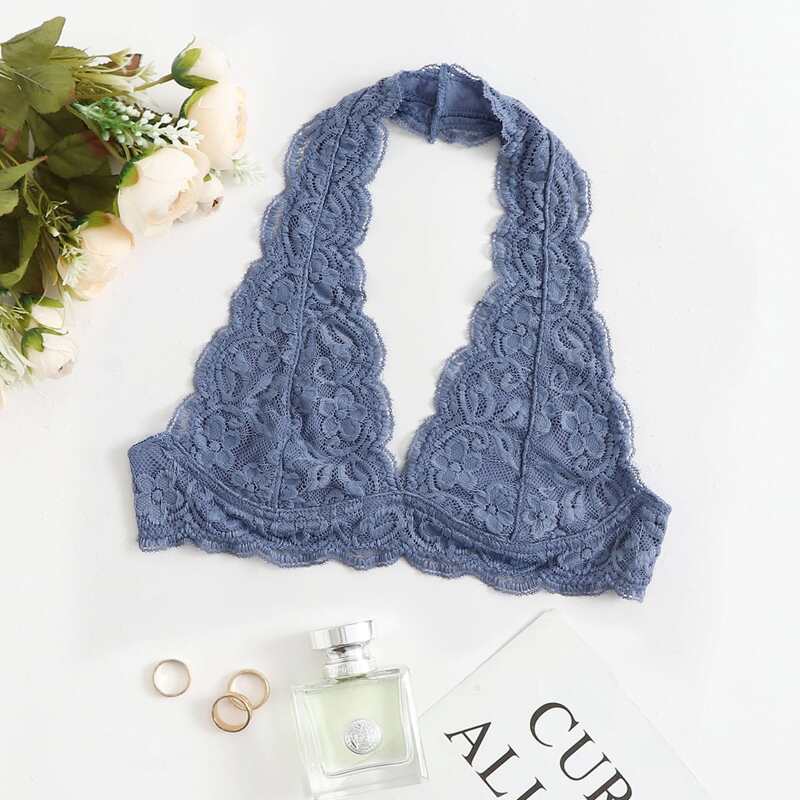 

Plunging Floral Lace Halter Bralette, Dusty blue