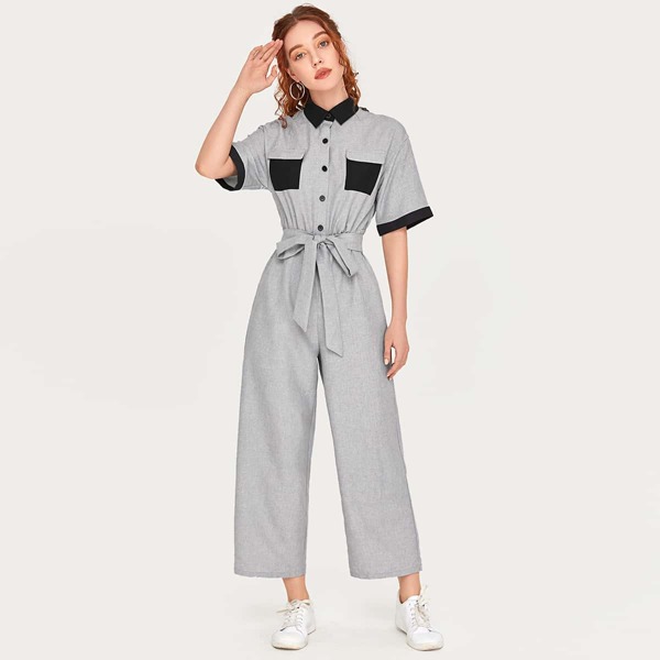 

Contrast Collar and Cuff Flap Pocket Front Wide Leg Jumpsuit, Grey