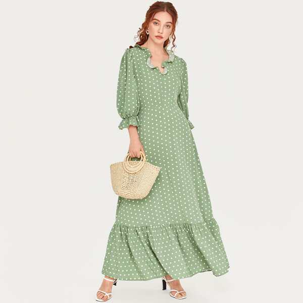 

Flounce Sleeve Ruffle Trim Polka Dot Dress, Mint green