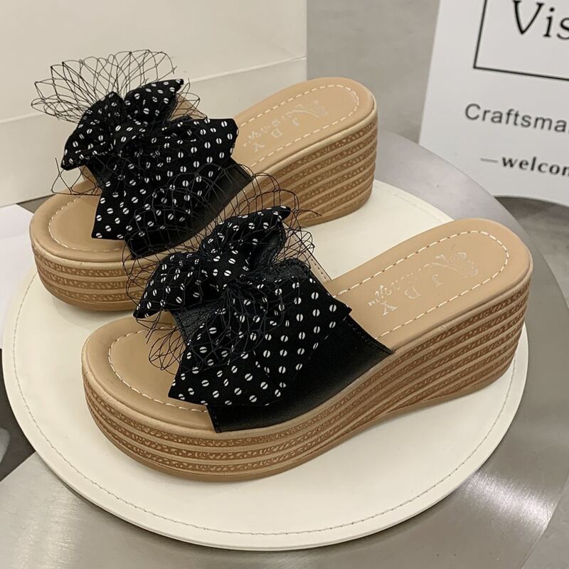 

Polka Dot Bow Wedge Mules, Black