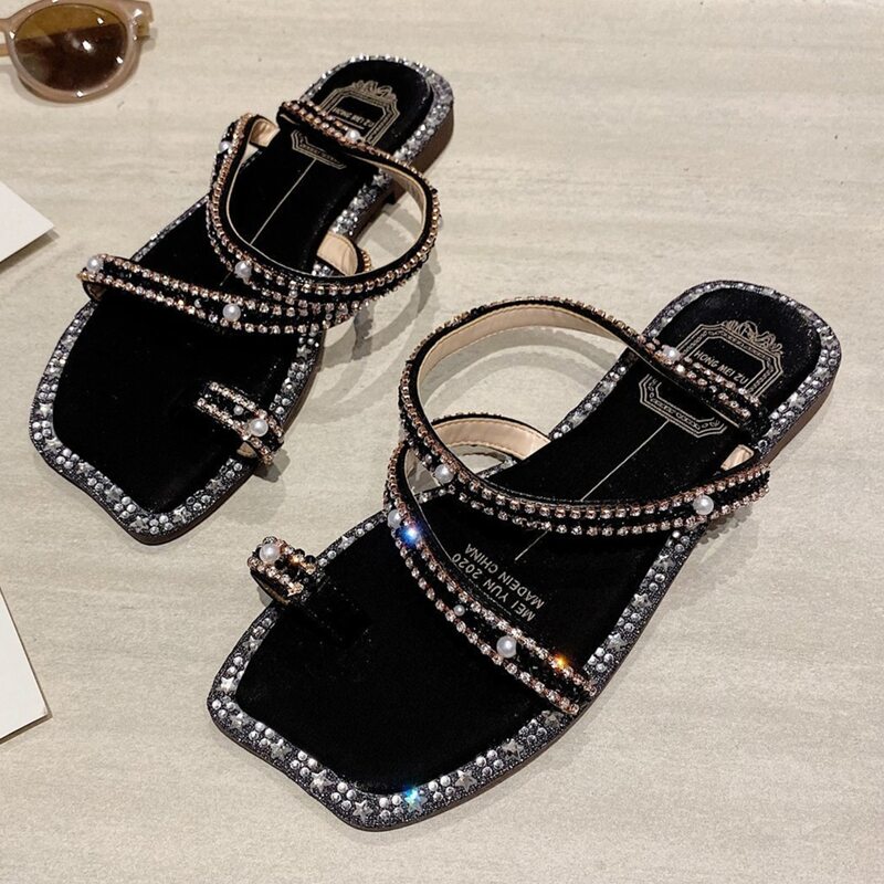 

Rhinestone Toe Ring Sandals, Black