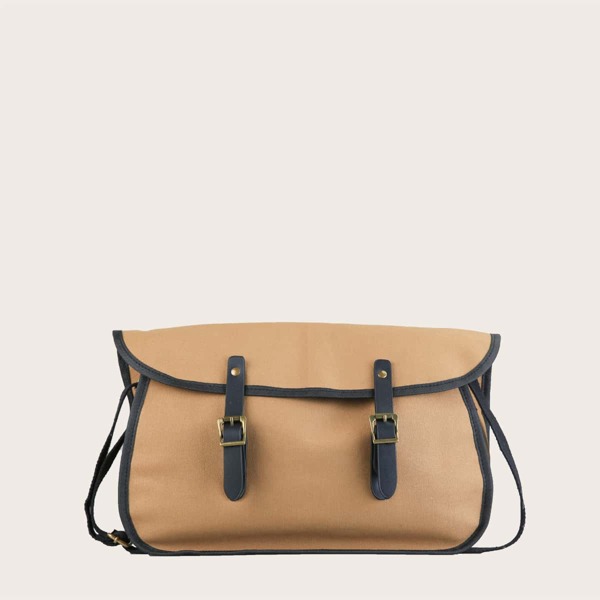 

Men Buckle Decor Flap Crossbody Bag, Khaki