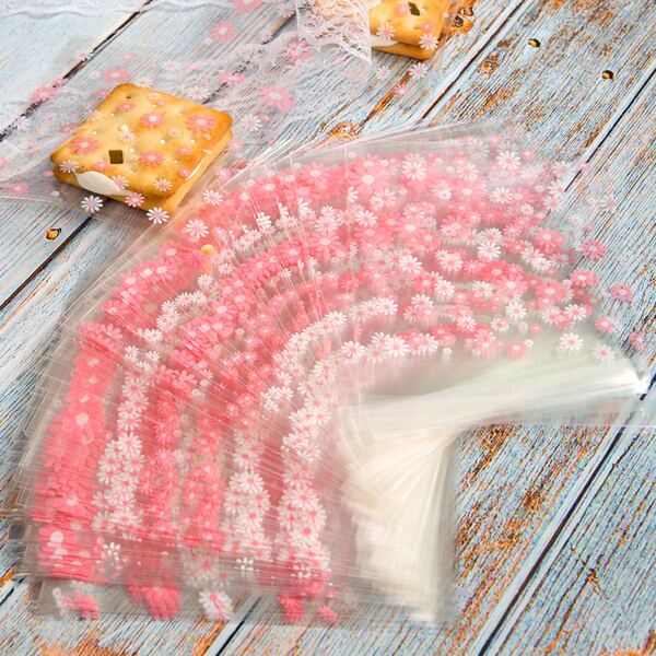 

100pcs Flower Print Packaging Bag, Pink