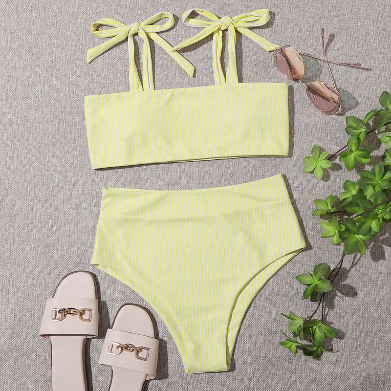 

Stripe High Waisted Bikini Swimsuit, Yellow