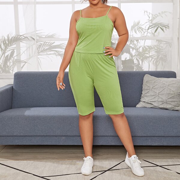 

Plus Solid Rib-knit Cami PJ Set, Lime green