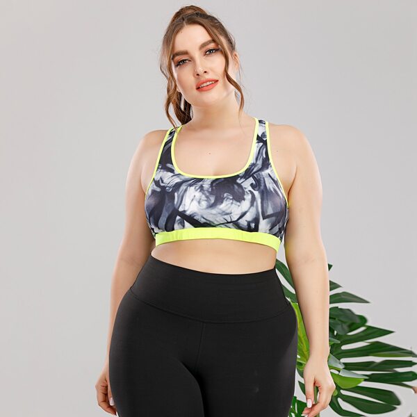 

Plus Graphic Print Contrast Binding Sports Bra, Multicolor