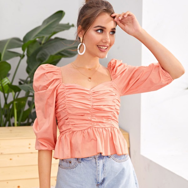 

Ruched Bust Puff Sleeve Milkmaid Blouse, Coral pink