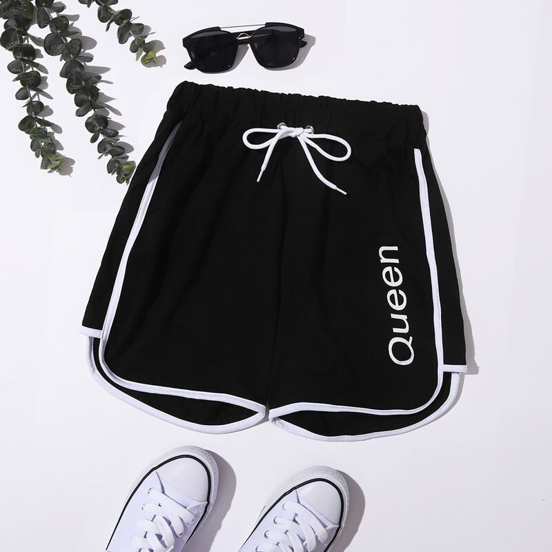 

Letter Graphic Drawstring Dolphin Shorts, Black