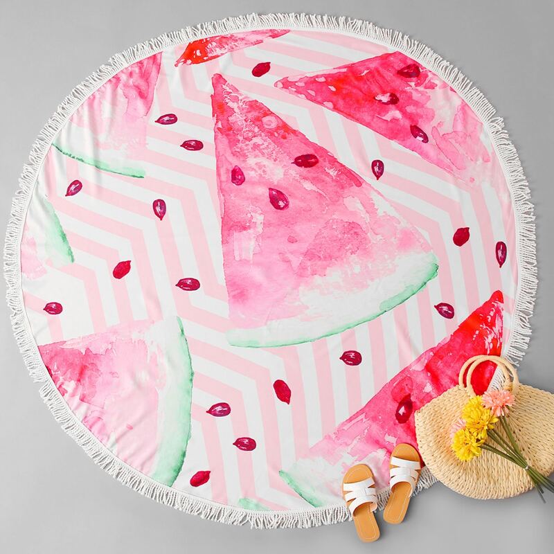 

Watermelon Print Fringe Trim Beach Blanket, Pink